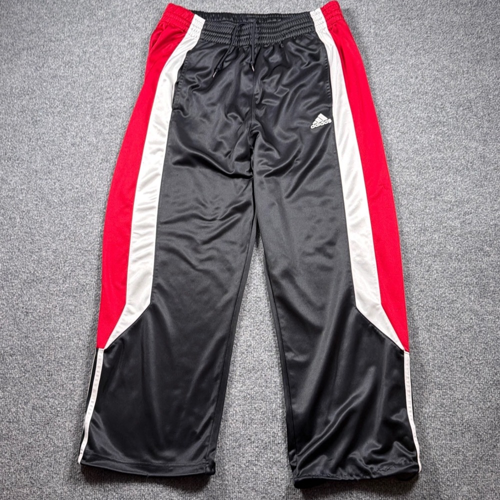 Y2K Adidas Track Pants Wide Leg Mens Medium Black Red White Dazzle Gloss Baggy